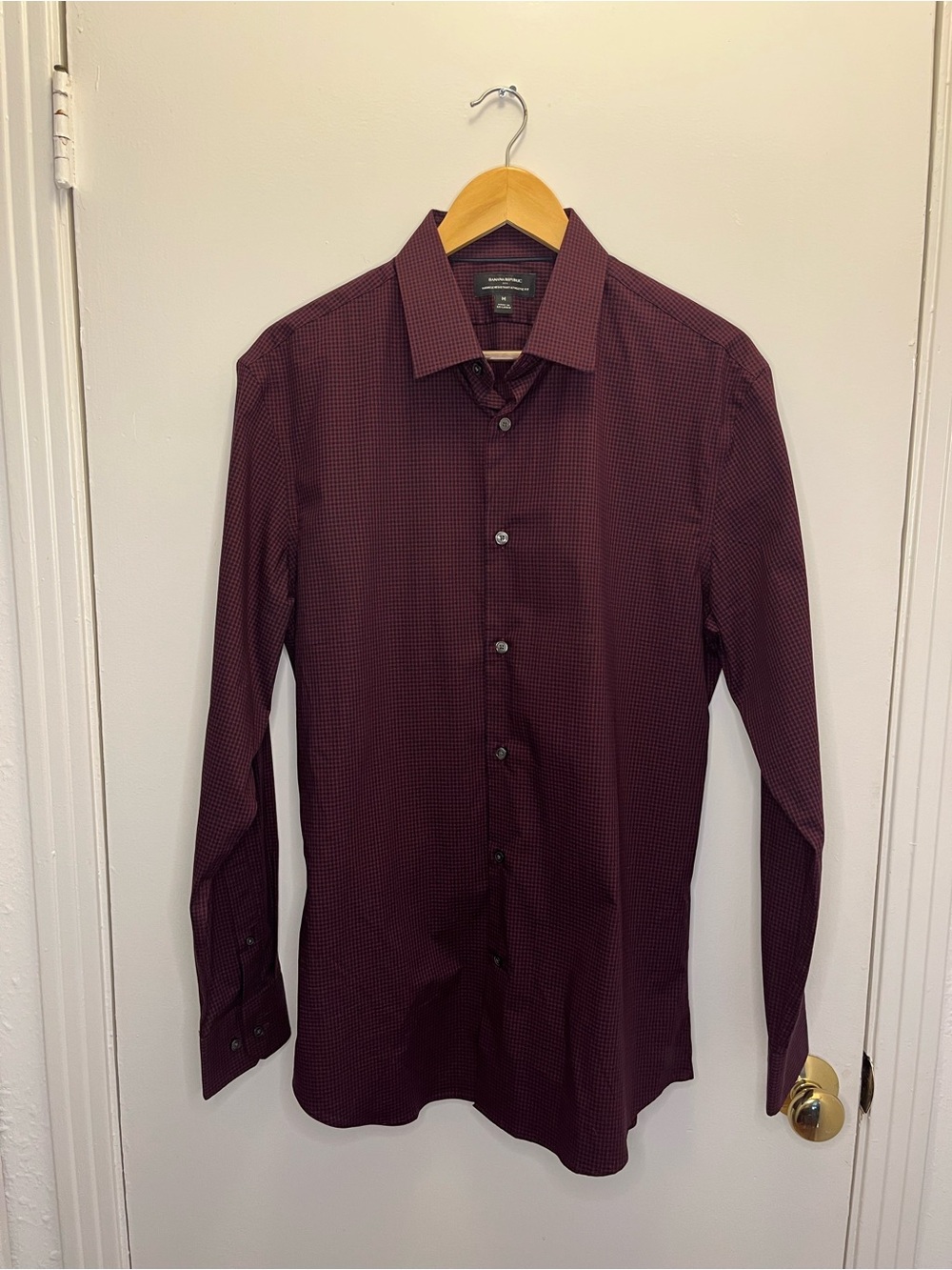 Banana Republic Men’s Athletic Fit Burgundy Checkered Dress Shirt